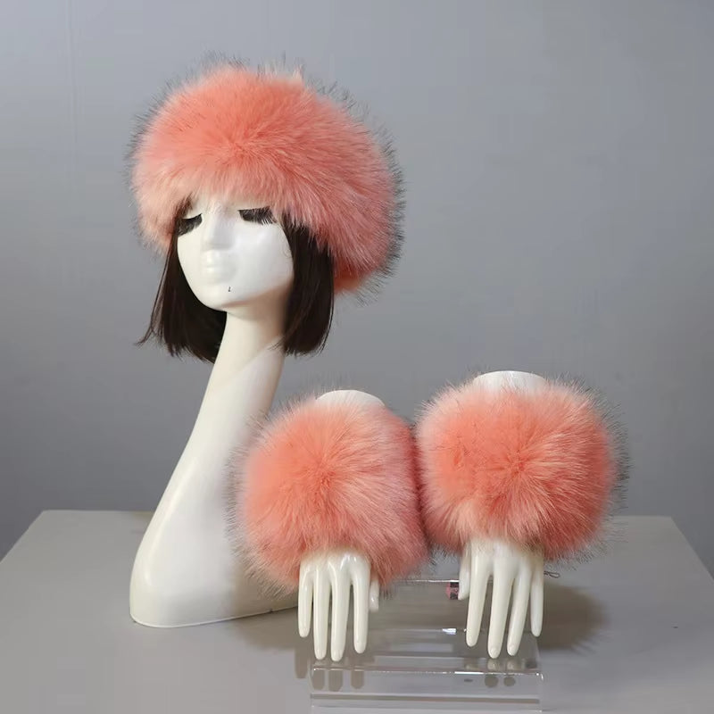 One Set Women Faux Fox Fur Cuffs + Headband Winter Warmer Hat Arm Wrist Sleeve Gloves Female Faux Fur Cap+Elastic Wristband