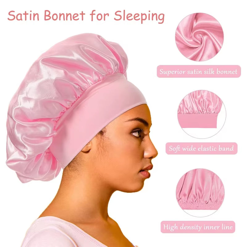 Satin Bonnets Night Sleeping Cap Large Elastic Wide Soft Band Colorful Silk Hat for Curly Hair Care Beauty Makeup for Women