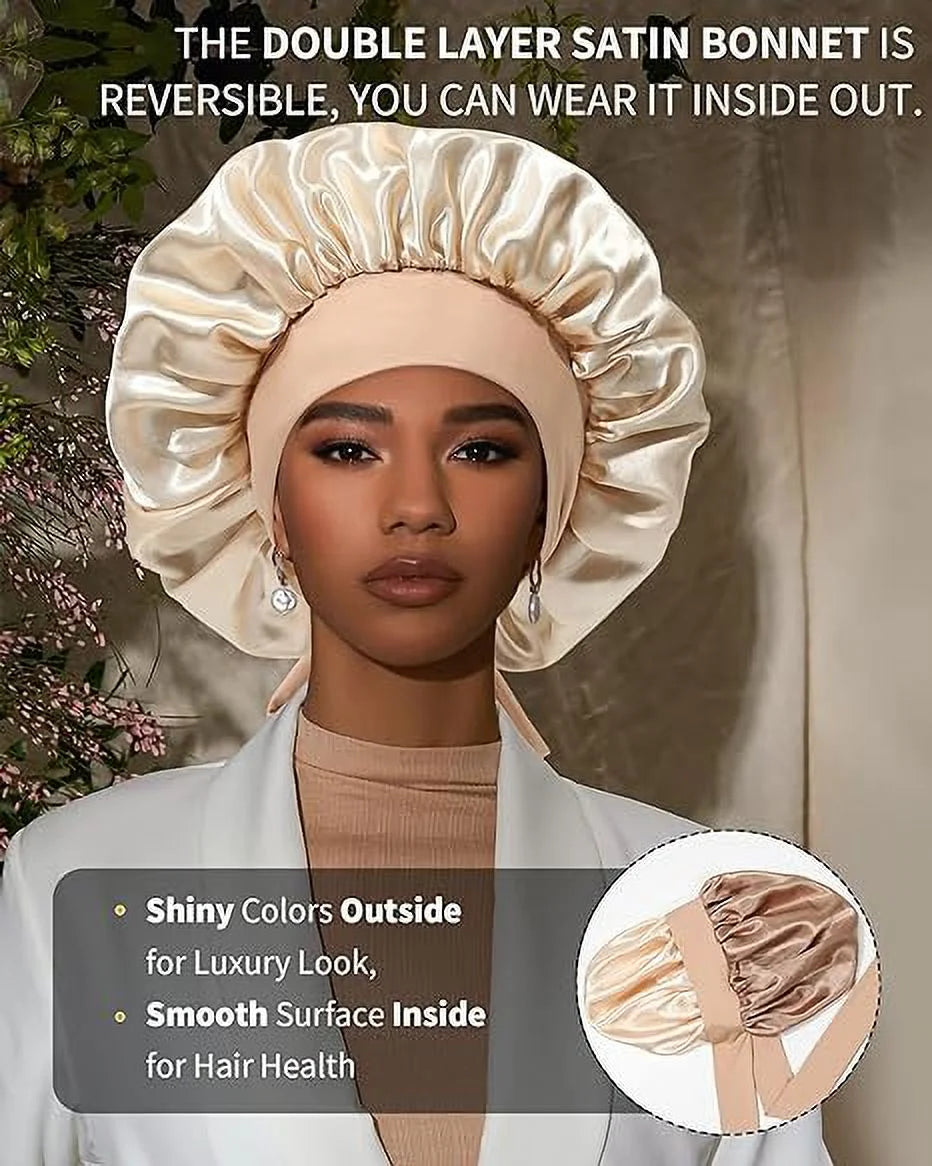 Satin Bonnet Silk Bonnet for Sleeping Silk Sleep Cap Double Layer Hair Bonnet with Elastic Tie Band