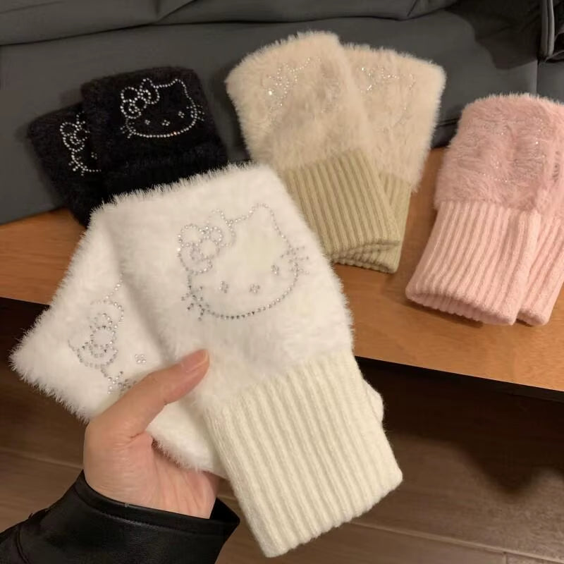 Hello Kitty Half Finger Gloves for Women Fashion Winter Warm Soft Knitting Gloves Casual Cartoon Fingerless Mitten Gifts