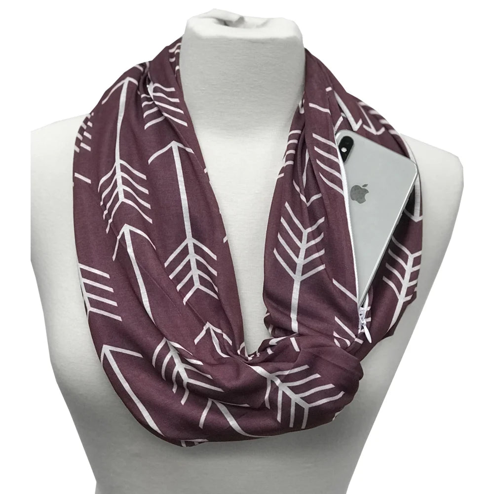 Women'S Infinity Scarf with Hidden Zipper Pocket & Pattern Print Arrow (Black)